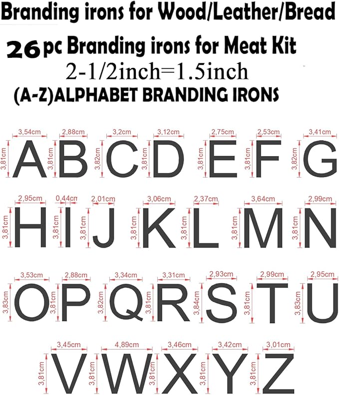 26 Pcs 1 1/2" Letter Branding Iron for Wood, Hats, Leather, Alphabet Branding Iron for BBQ Steak Bread & Personalized Gifts, with Wooden Box and 2 Handles (1.5" Alphabet A-Z)