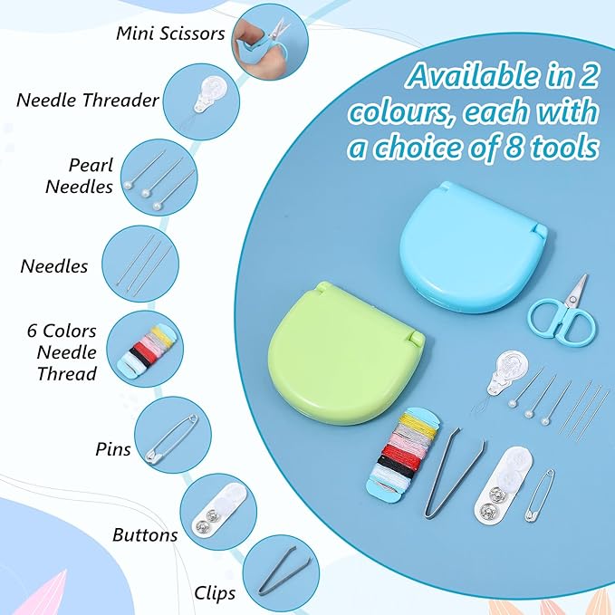 Caeuiciw 20 Pack Mini Travel Sewing Kit, Portable Sewings Tool Kits, Beginner Emergency Sewing Repair Kit with Threads Scissors Hand Sewings Needles, Plastic DIY Sew Supplies (Blue, Green)
