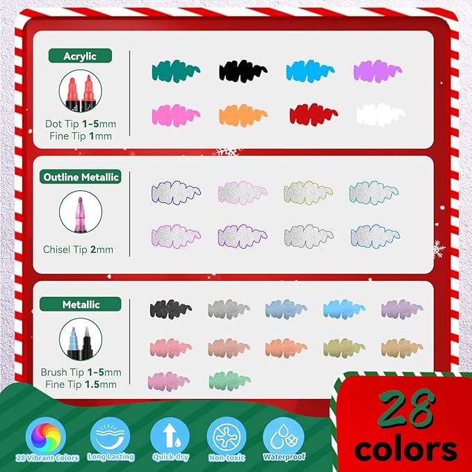 28 Acrylic Paint Markers, Acrylic Paint Pens Art Set - 12 Dual Tip Metallic, 8 Acrylic, 8 Outline Markers for Rock, Fabric and Glass, Christmas Gifts for Teens, Art Supplies for Kids Adults