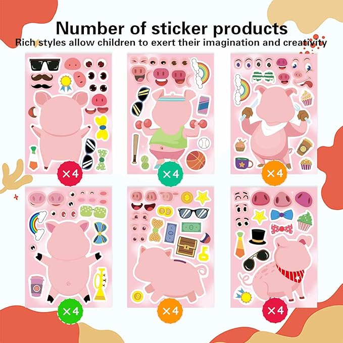 24PCS Pig Stickers for Kids Toddlers, Make-a-face Stickers, Make You Own Kawaii Pink Piggy Stickers Cute Animal Stickers for Brithday Party Favor Supplies Gifts, Teacher Classroom Reward