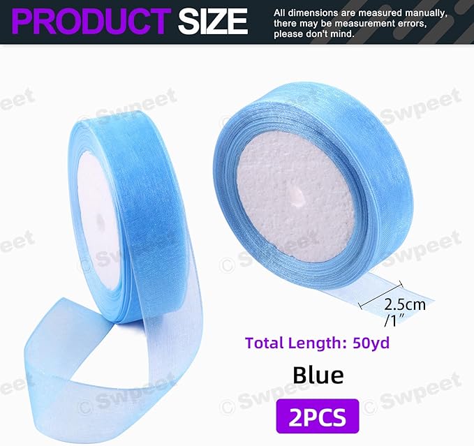 Swpeet 2 Rolls 50 Yards x 1 Inch Blue Shimmer Sheer Fabric Ribbons Organza Ribbon, Transparent Sheer Ribbon Chiffon Fabric Ribbons for Bouquets Wedding Birthday Decoration