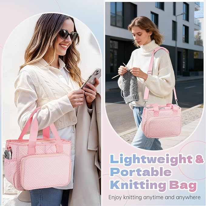 Dadanism Crochet Bag, Knitting Tote Bag, Yarn Storage Holder with Handle & Shoulder Strap, Yarn Storage Organizer for Crocheting Knitter, Crochet Hooks, Knitting Needles Kit, Sewing Supplies, Pink