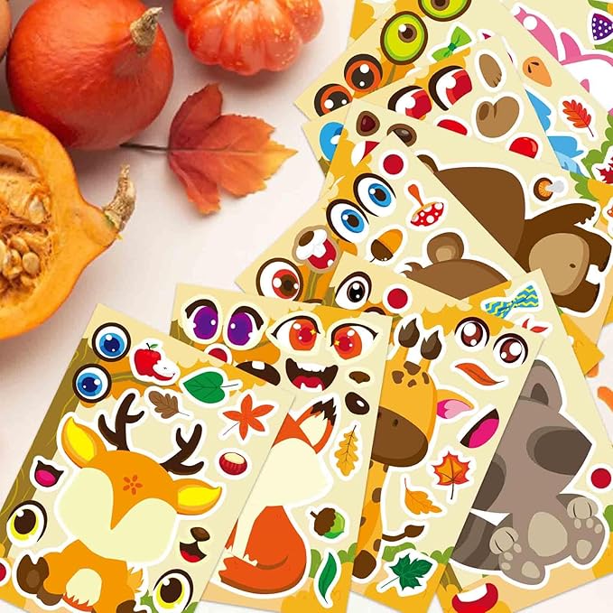 27 Sheets Fall Stickers for Kids Toddles, Make a Face Stickers, Make Your Own Autumn Animal Stickers, Fall Theme Party Supplies Crafts