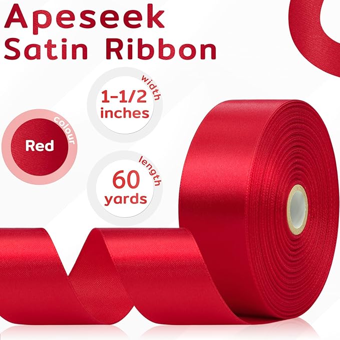 60 Yards Red Satin Ribbon 1-1/2 Inch, Solid Polyester Fabric Ribbon for Gift Wrapping, Crafts, Flower Bouquet, Wedding, Baby Shower, Festival, Christmas, Halloween, Mother's Day