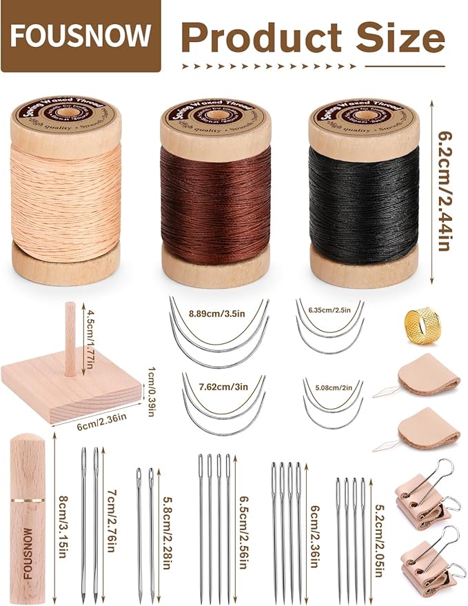 FOUSNOW Leather Sewing Kit, Leather Stitching Kit, Heavy Duty Sewing Kit with Round Waxed Thread, Needles for Hand Stitching, Upholstery Repair Kit for Canvas Carpets Shoe Clothes