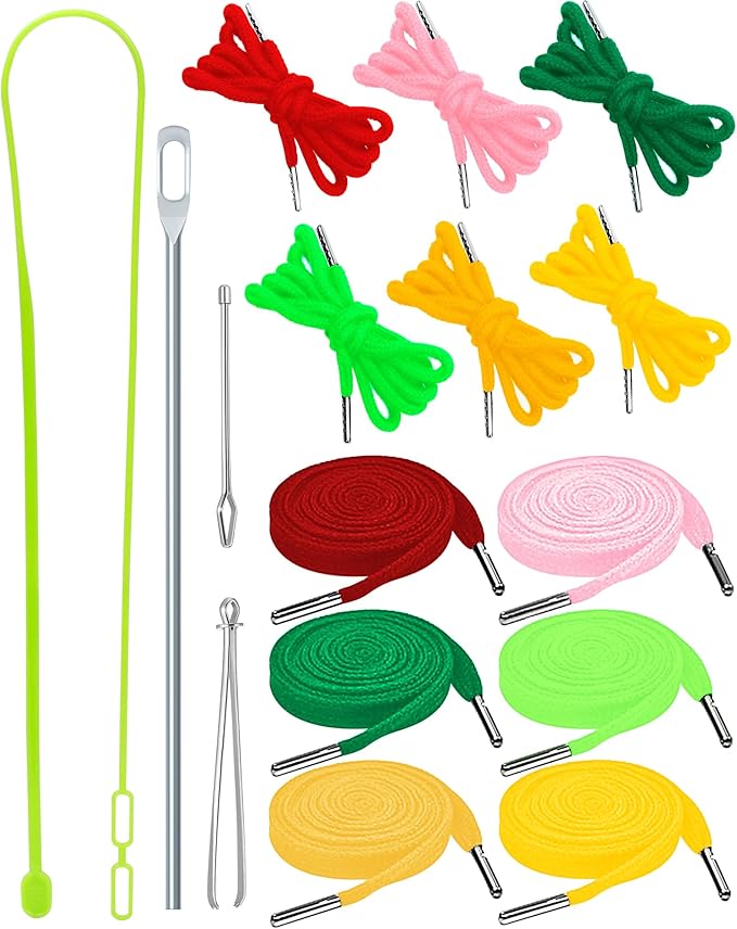 FIVEIZERO 16pcs Drawstring Cord Kit-12pcs Hoodie Strings (Flat & Round,6 Eye-catching Colors) with Drawstring Threader Tools,Bodkin,Rope Threader–Draw String Replacement for Pants,Shorts,Shoes