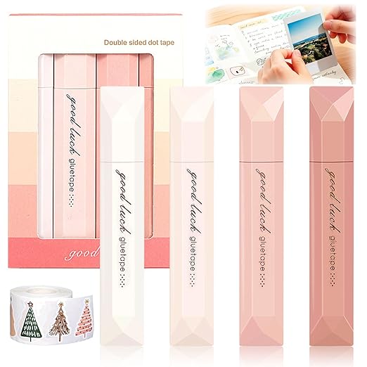 4PCS Double Sided Tape Pens, Double Sided Tape Roller, 6 mm x 196 Inch Gradient Color Glue Tape Roller, Adhesive Tape for Scrapbooking, Gift Wrapping, Photo Mounting, School Office & Crafts (Pink)