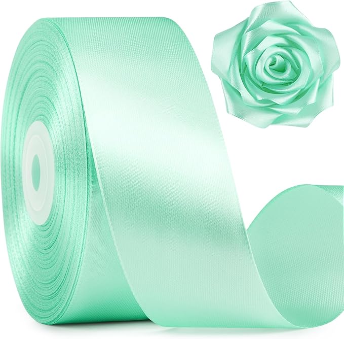 1-1/2 Inch Wide Mint Green Satin Ribbon, 50 Yards Solid Polyester Fabric Ribbon for Roses Making, Gift Wrapping, Valentine's Day, Wedding Decorations, Crafts, Bows, Flower Bouquets