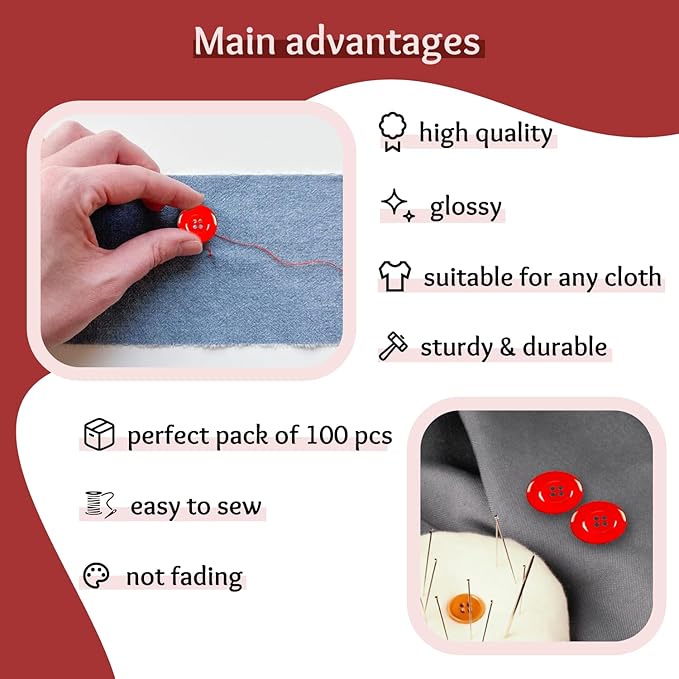 100 pcs 30L Red Sewing Buttons 3/4" (19mm) Round 4-Hole Round Plastic Glossy Buttons 0.75 inch Plain Bulk Button for Firefighter Uniform Clothes Workwear School Outfits Aprons Pants Bags Crafts DIY