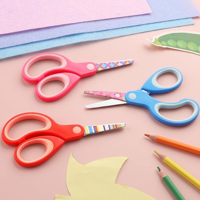 Left Handed Floral Kid Scissors, Blunt Tip Safety Children's Craft Scissors, Stainless Steel Blades, Soft Grips, for Use with Children 3 Years and Older, Pink, Blue, Red 3 Pair Pack