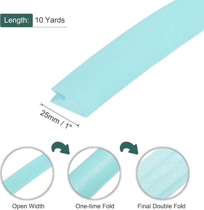 MECCANIXITY 1 Inch Double Fold Bias Tape Polyester Continuous Bulk Bias Tape for Sewing,Seaming Quilting Hemming Binding Crafts (Lake Blue 10 Yards)