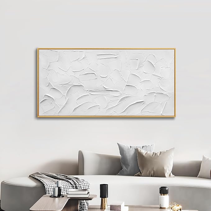 Large Size Hand-Painted Oil Painting on Canvas Gold Frame White Textured Wall Art Abstract Minimalist 3d Artwork Neutral Picture Home Wall Decor for Living Room Bedroom Office Ready to Hang 48x24inch