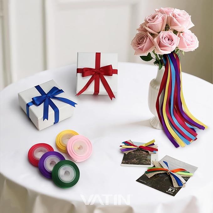 VATIN Rainbow Satin Ribbon Set 3/8 Inch x 10 Colors, Total 60 Yards,Double Faced Ribbon for Gift Wrapping Craft，Flower Bouquet,Women Hair Ribbons