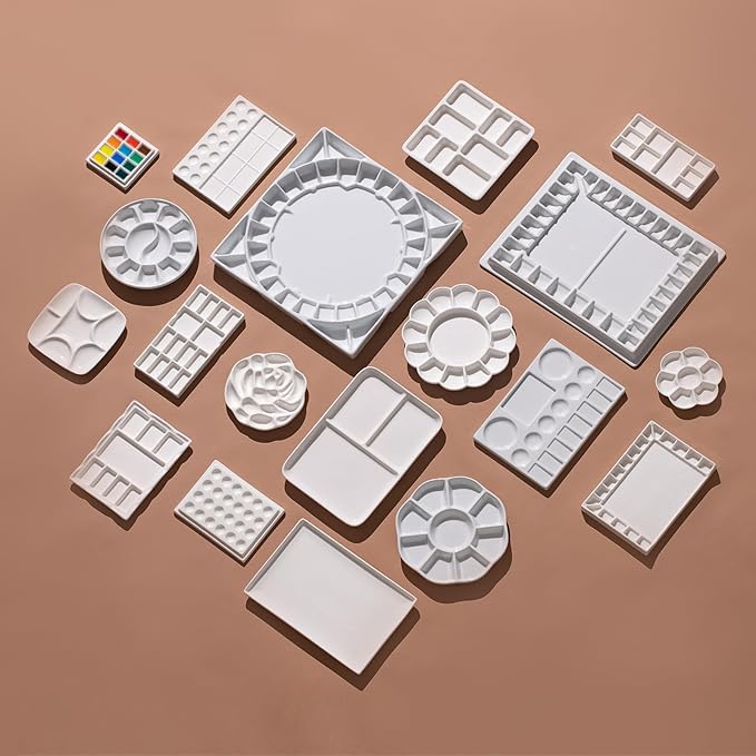 MEEDEN 3 Pack Ceramic Palettes with Cover, Painting Palette for Watercolor Gouache Color Mixing, Pure White Porcelain Palette, Multi-Functional Palette for Hobby and Crafts