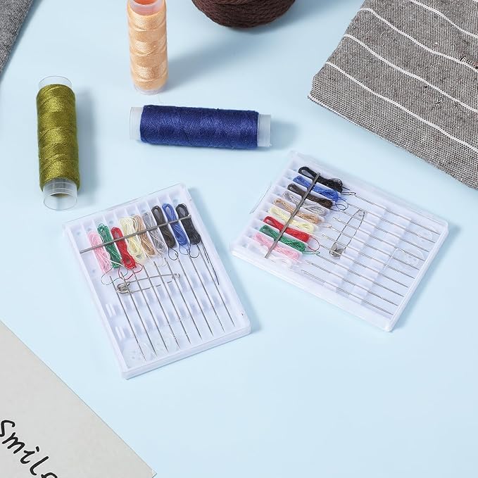 MAQUITA 48 Boxes Mini Quick Fix Sewing Kit Easy Pre Threaded Needle Basic Personal Kit Plastic Threaded Needle Holder Small Home Travel Sewing Box with Pin Button