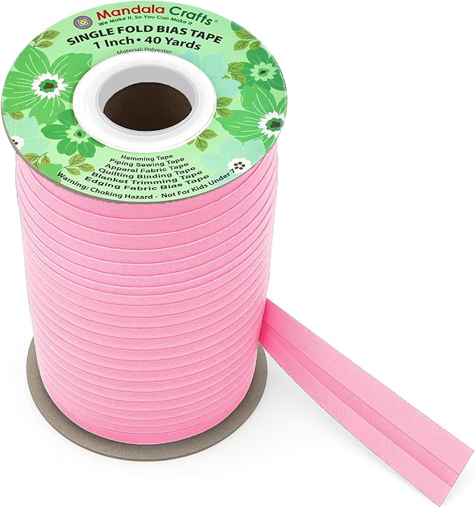 Mandala Crafts 1 Inch Single Fold Bias Tape for Sewing, Quilting, Piping, Hemming, Blanket & Quilt Binding – 40 Yards Pink Fabric Seam Binding Tape