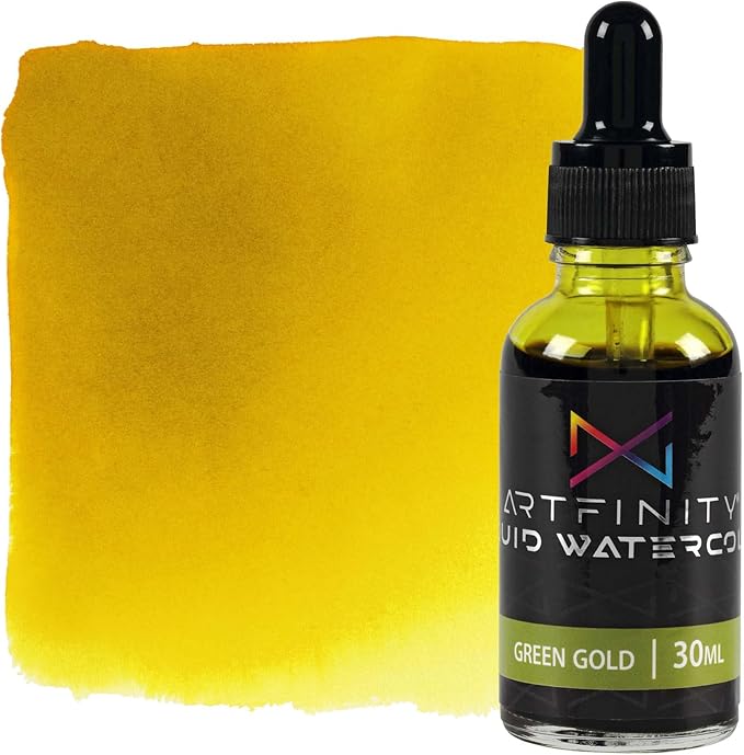 Liquid Watercolor Paint 30 ml Bottle, Green Gold - Vibrant Dye-Based Liquid Watercolor w/Glass Pipette, Fast-Drying, Fine Art Paint for Calligraphy, Airbrushing & Traditional Art