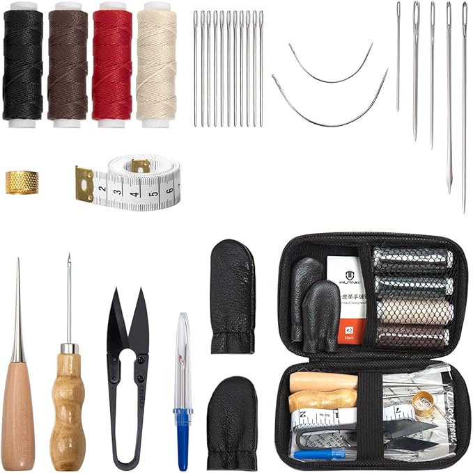 WUTA 31Pcs Leather Repair Kit Leather Sewing Working Tools Sail Repair Kit with Large-Eye Stitching Needles Waxed Thread Set for DIY Leather Craft (Set A)