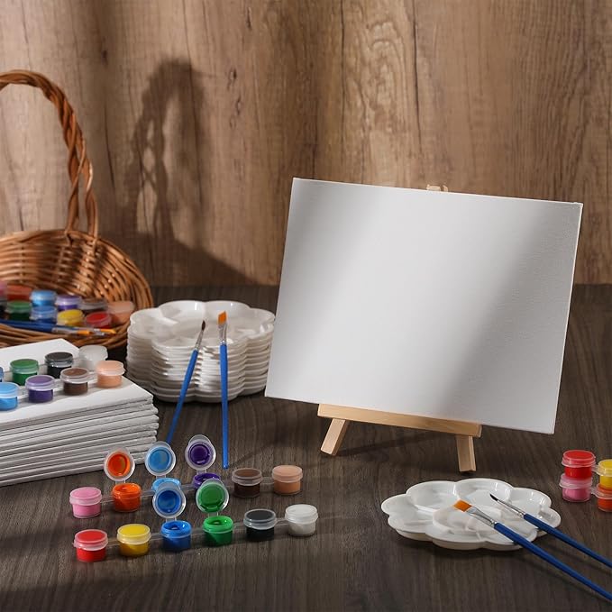 Qilery 12 Set Acrylic Paint Kit Mini Stretched Canvas with Easel, Acrylic Paints Strips, Brushes, Palette, Art Set for Kids Adults Classroom Birthday Party Favors(6 x 8 Inch)