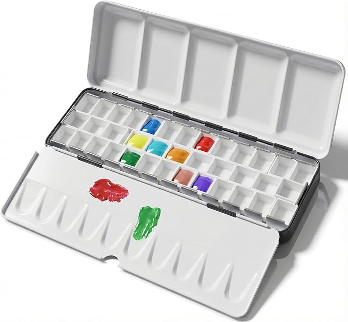 DUGATO Medium Empty Watercolor Palette Tin with Lid - Holds 24 Half Pans (37 Included), 6 Fold-Out Mixing Areas - Metal Travel Box for DIY Art