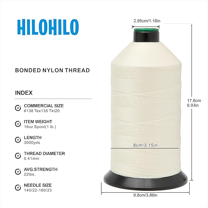 Extra Strong Bonded Nylon Thread #138 Tex135 – 16 OZ, 3000yds, Versatile Stitching Solution for Leather, Upholstery, Canvas Repair and More (Ivory)