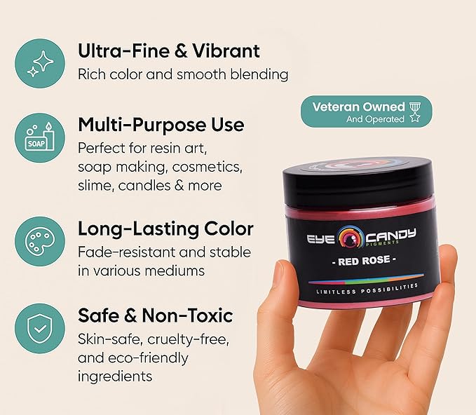 Eye Candy Pigments Premium Red Mica Powder - Red Rose (50gr) - for Epoxy, Resin, Soap, Paint, Woodworking, Acrylic Pouring, Bath Bombs, Fishing Lures - DIY Arts and Crafts Additive