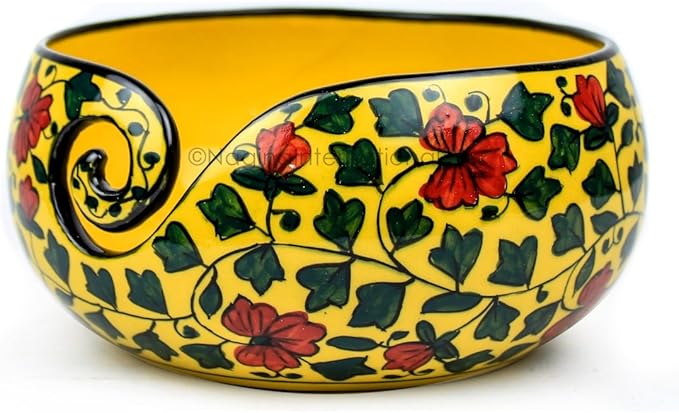 Nagina International Ceramic Attractively Hand Painted Gorgeous Stoneware Yarn Ball Storage Bowl With Innovative Dispensing Curl | Knitting & Crochet Accessions (Large, Yellow Shrubs)
