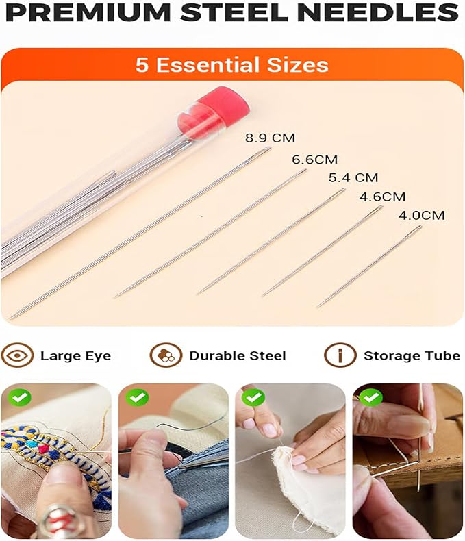 36 PCS Premium Steel Needles Set, Big Eye Steel Sewing Needles Kit for Hand Sewing, Threader & Needle Repair Kit Stainless Steel Needle for Crafts, Repair, Quilting | Beginner-Friendly (1Set)