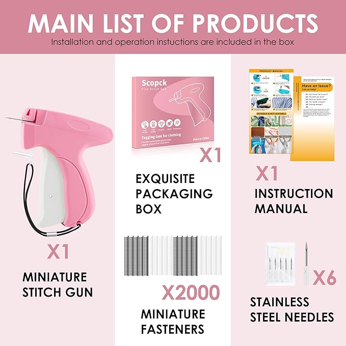 Handheld Stitch Tag Gun for Clothes, Quick Clothing Fixer, Tagging, Sewing Kit Includes 6 Needle, 1000 Black Fasteners & 1000 White Fasteners, Pink