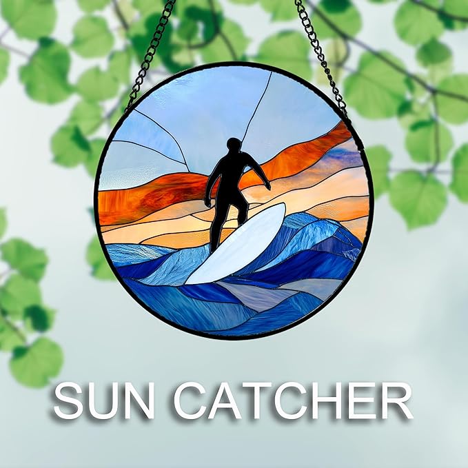Stained Glass Window Hanging 4 Pcs Set Blue Ocean Surfing Beach Large 15" - Suncatcher Door Garden Sun Catcher Decor Birthday Mother's Day for Firefighte Men Woman Nana Mom