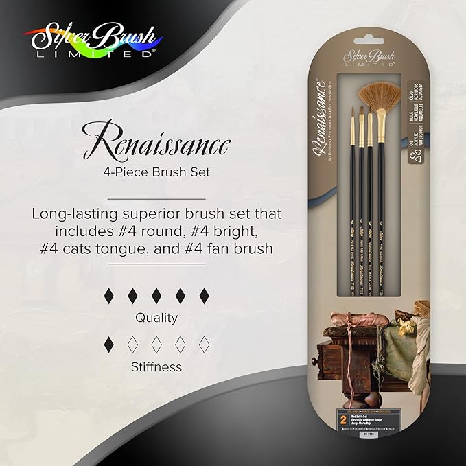 Silver Brush Limited RN-7140 Renaissance Red Sable Set, Paintbrushes for Oil, Watercolor, Gouache, Inks, Dyes, and Acrylics, Set of 4, Size 4 Round, Bright, Fan, & Cat's Tongue Brushes, Long Handle