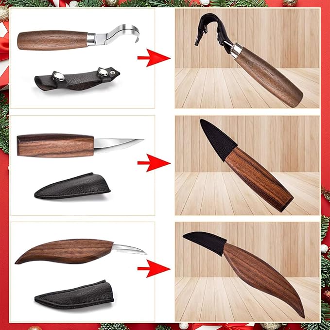 WAYCOM 12pcs Wood Whittling Kit Wood Carving Tools Set Hook Carving Knife,Detail Wood Knife,Whittling Knife Cut Resistant Gloves Leather Sheath And Bamboo Present Box For Spoon,Bowl,Cup
