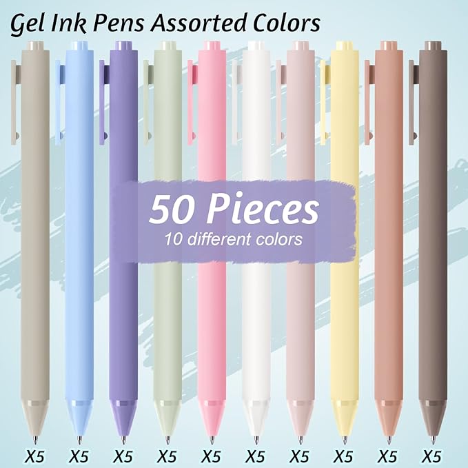 Crtiin 50 Pcs Gel Ink Pens Bulk, Black Ink 0.5mm Fine Point Retractable Pen Smooth Writing Office Supplies for Teacher Server Nurse Christmas Charity Donation Valentine (Pastel Colors)