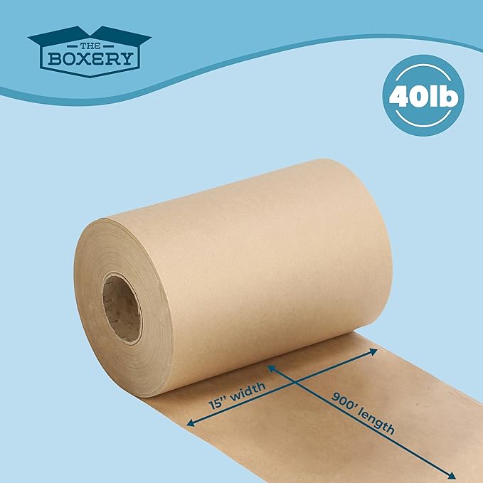 The Boxery Kraft/Brown Kraft Paper Roll, 15” x 10,800” (900’)-40lb. Thickness-Brown Wrapping Paper, Natural Kraft Packing Paper, Void Fill, Arts/Crafts, Bulletin Boards, Gift Wrapping