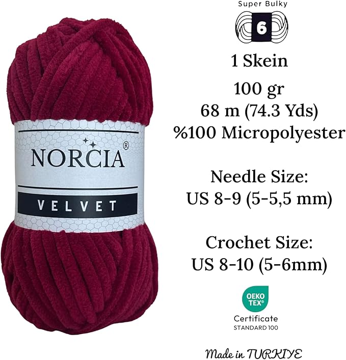 Soft Velvet Yarn Chenille Yarn for Crocheting Super Bulky 3x100g (3x75 yds) Baby Blanket Yarn for Knitting Amigurumi Yarn for Crochet Weaving Craft (Burgundy, 3 Skeins)