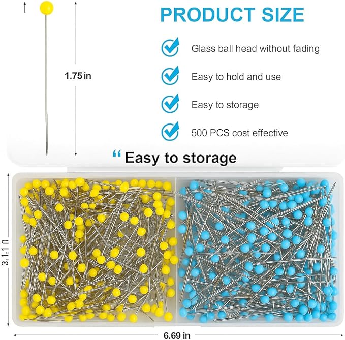 600 PCS Straight Pins,1.75IN Quilting Pins Long,Yellow and Blue Glass Head Sewing Pins for Fabric,Stainless Steel Dressmaker for Sewing, Crafts, Jewelry Making, DIY