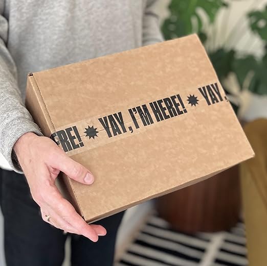 Printed Packing Tape for Small Business - Cool Decorative Designer Packaging and Shipping Tape - 1.88" x 110 Yards (330 feet) - Cute Yay, I'm Here! Clear Black