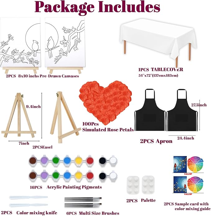 VALLSIP 2 Pack Paint and Sip Black Canvas Painting Kit Pre Drawn Canvas for Painting for adults Stretched Canvas Couples Games Date Night Cardinalis Winter Christmas Anniversary Couple Paint Party