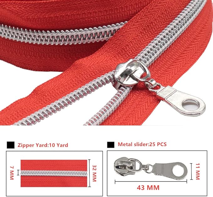 MebuZip #5 Silver Metallic Nylon Coil Zippers by The Yard Bulk Coil Zipper Roll 10 Yards with 25pcs Pulls for DIY Sewing Craft Bags (Red)