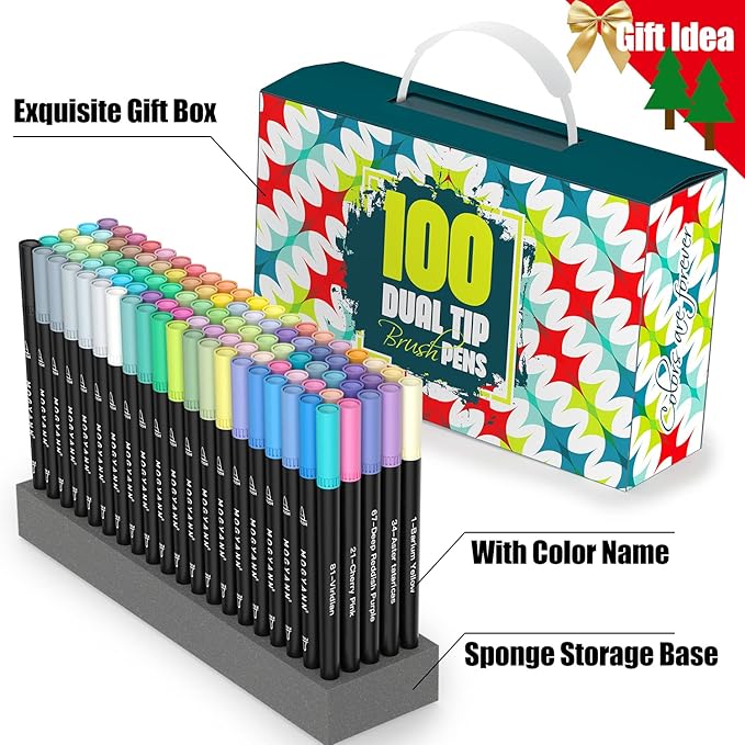 Mogyann Markers for Adult 100 Colors Dual Tip Pens with Fine and Brush Tip for Coloring and Calligraphy Drawing