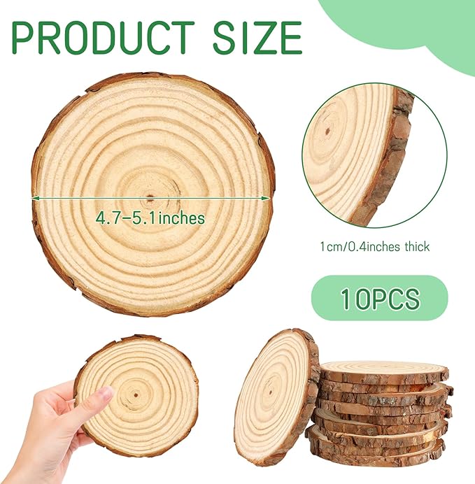 FSWCCK 10 PCS Unfinished Wood Slices for Centerpieces，4.7-5.1 Inch,Round Natural Discs with Tree Bark,Wooden Cookies Circles for Crafts Christmas Ornaments, Rustic Wedding Table Decoration (4.7"-5.1")