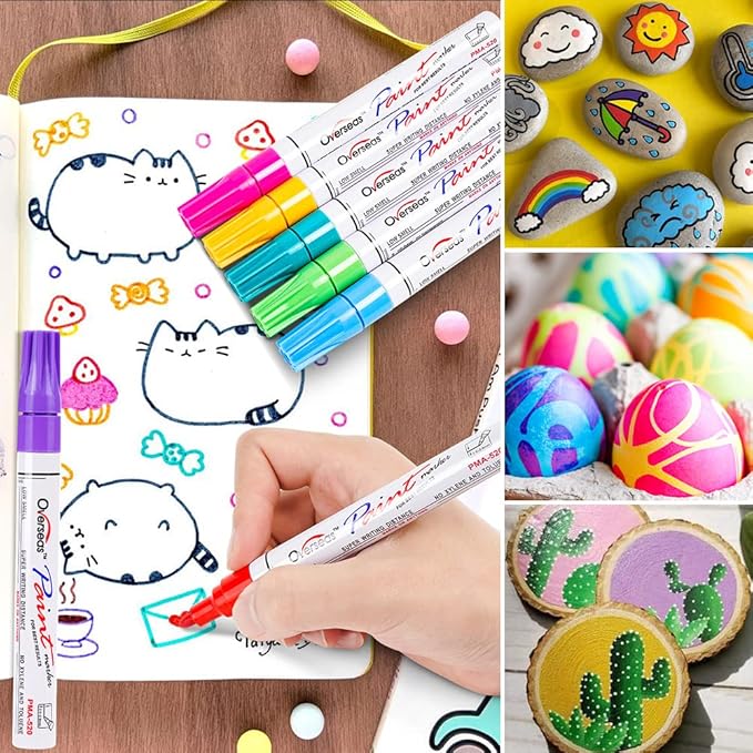 Overseas Paint Marker Pens - 24 Colors Permanent Oil Based Paint Markers, Medium Tip, Quick Dry and Waterproof Assorted Color Paint Pen for Metal, Wood, Plastic, Stone, Mugs, Canvas, Glass, Art Craft