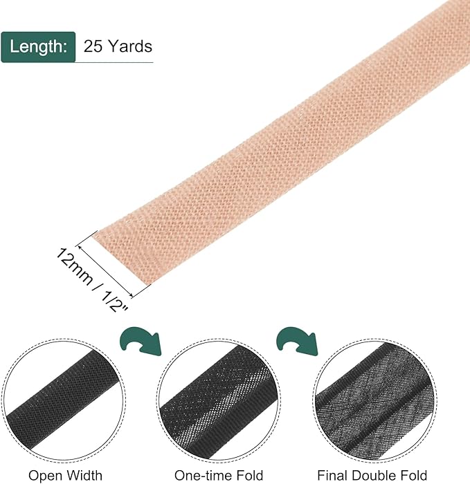 MECCANIXITY 1/2 Inch Double Fold Bias Tape Polyester Continuous Bulk Bias Tape for Sewing,Seaming Quilting Hemming Binding Crafts (Light Orange 25 Yards)