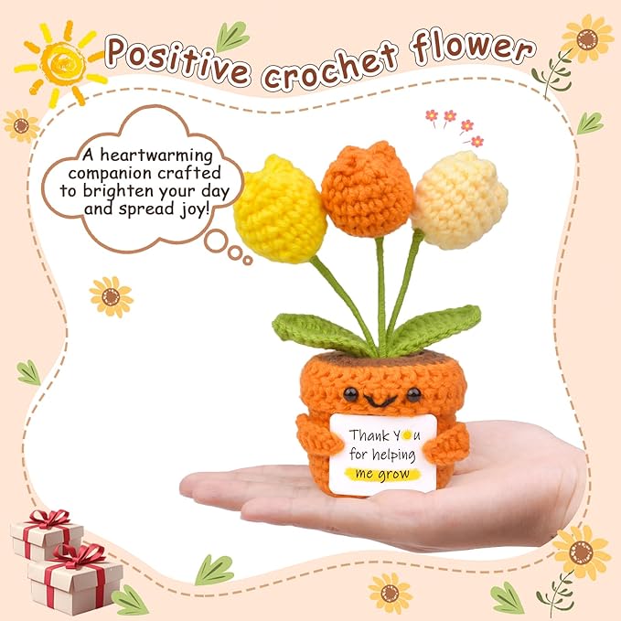Positive Crochet Tulip Flower, Handmade Emotional Support Knitted Tulip Flowers Inspirational Gift for Women - Thank You, Appreciation, Positive Gift for Teacher, Mom, Friend, Coworker
