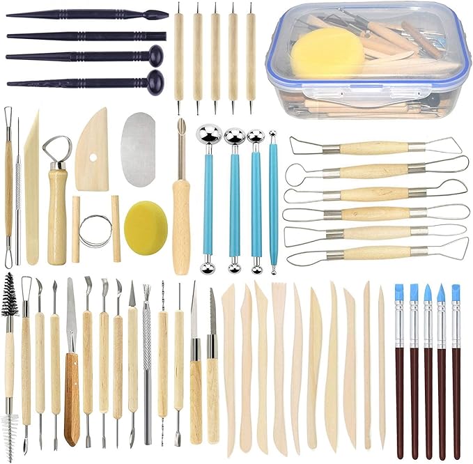 57PCS Ceramic Clay Tools Set with Plastic Case Modeling Pottery Sculpting Tools Kits for Beginners Professionals Crafts Polymer Clay Club, Dotting, Ribbon Trimming