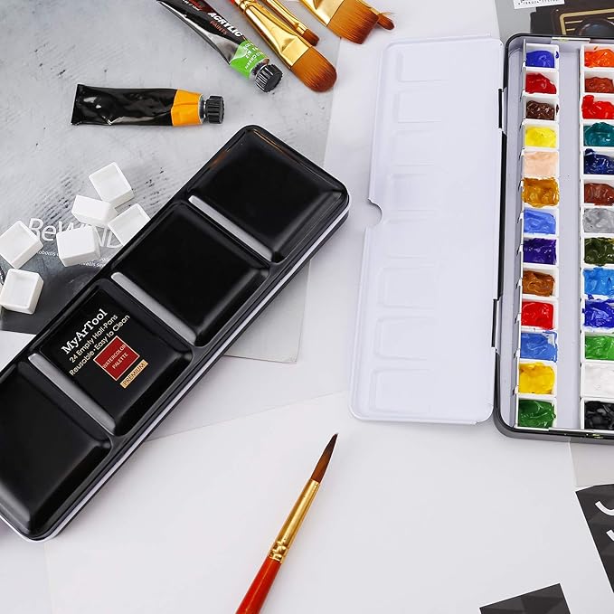 MYARTOOL Empty Watercolor Palette, Metal Empty Watercolor Tin Palette Paint Case with 24 PCS Empty Half Pans for DIY Travel Watercolor Palette, Acrylic and Oil Painting