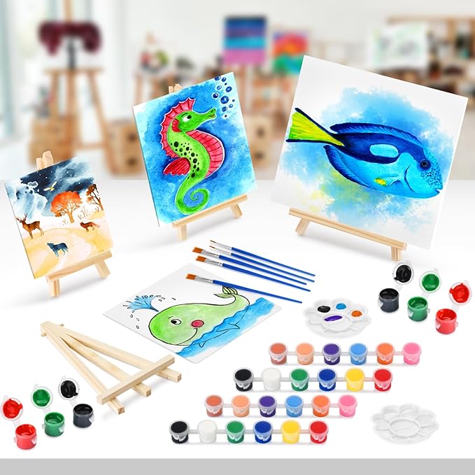 10 Set Acrylic Paint Canvas Set – 8x10 Inch Mini Canvas Painting Kit with 10 Wood Easels, 20 Brushes, 12 Watercolour Paints, 10 Palettes – Art Supplies for Beginners, Ideal for Parties & DIY Painting