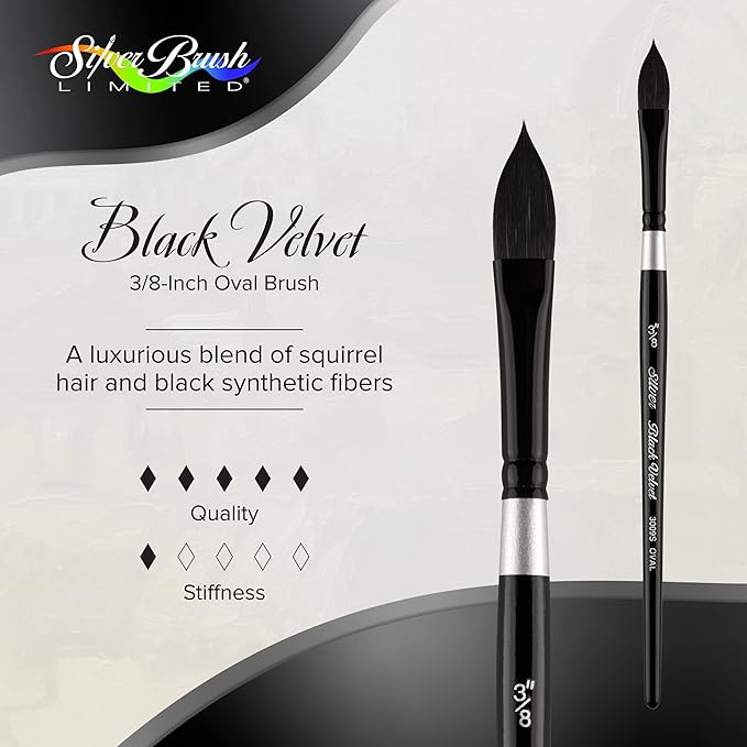 Silver Brush Limited 3009S-3/8 Black Velvet Oval Wash Paintbrush for Watercolor, Gouache, Inks, & Dyes, Size 3/8 Inch, Short Handle