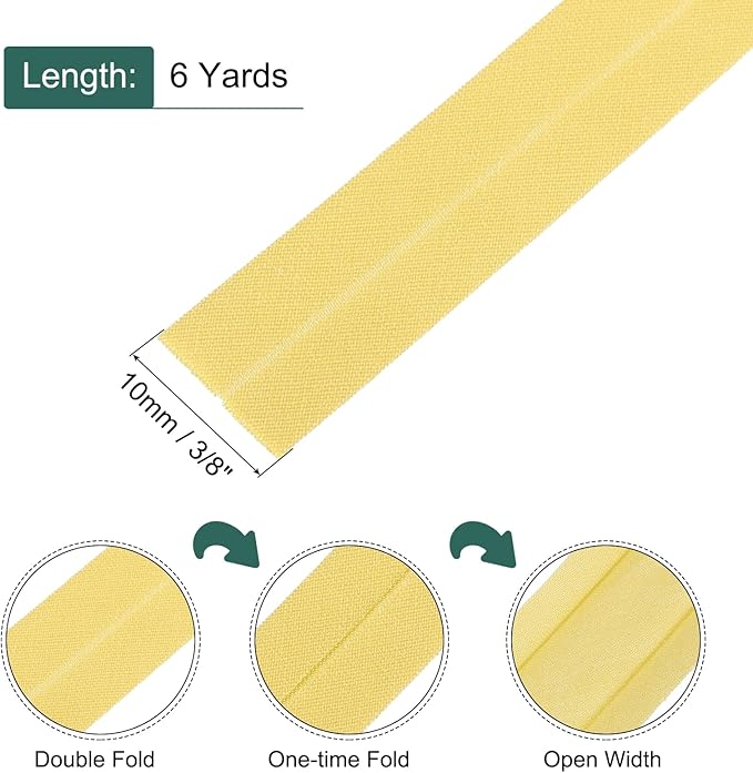 MECCANIXITY 2/5 Inch Double Fold Bias Tape Cotton Continuous Bulk Bias Tape for Sewing,Seaming Quilting Hemming Binding Crafts (Lemon Yellow 6 Yards)