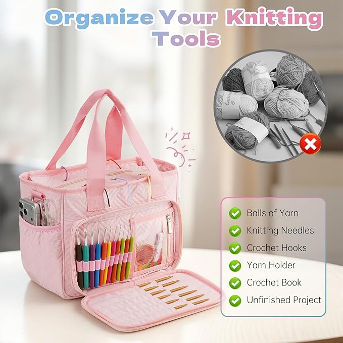 Dadanism Crochet Bag, Knitting Tote Bag, Yarn Storage Holder with Handle & Shoulder Strap, Yarn Storage Organizer for Crocheting Knitter, Crochet Hooks, Knitting Needles Kit, Sewing Supplies, Pink